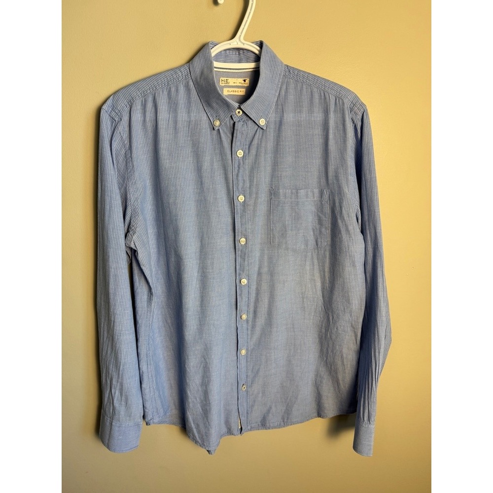 H.E. By Mango Mens Blue Striped Classic Fit Shirt M Preppy Business Casual